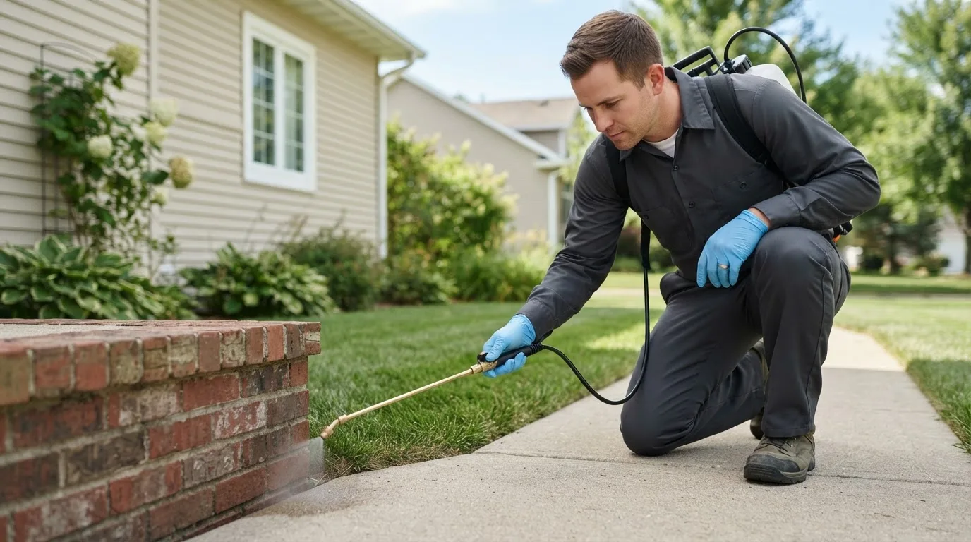 Pest control technician treating a home near Shelton, NE