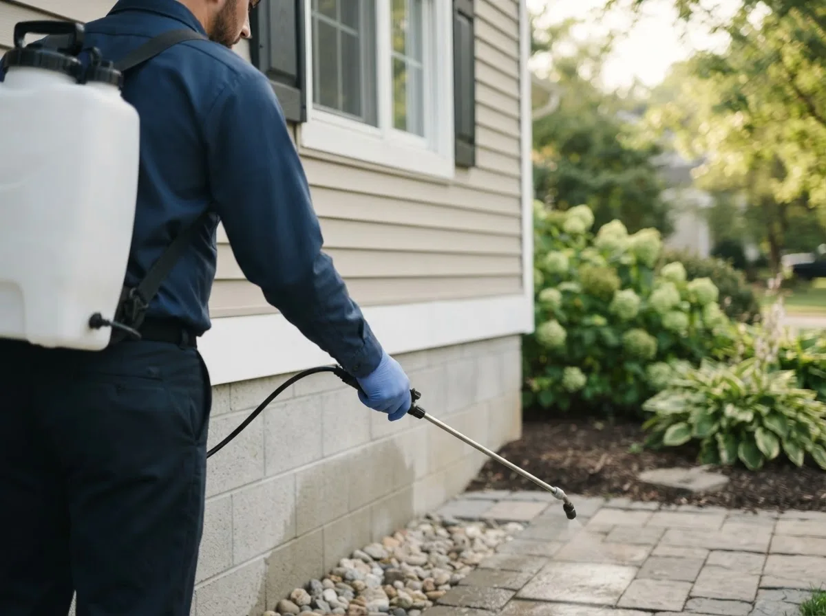 Pest control technician inspecting a home in Shelton, NE